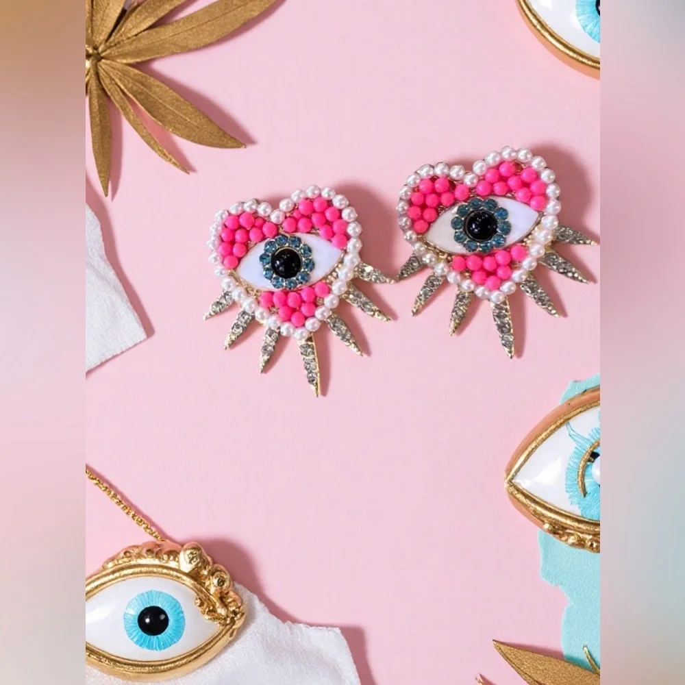 Pink White Gold Heart Rhinestone Evil Eye Post Earrings with Spikes
